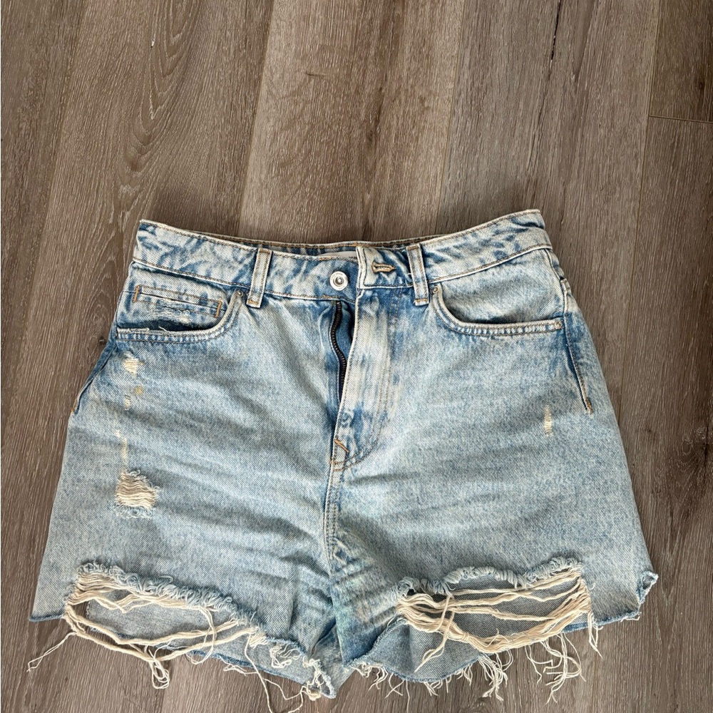 Zara Blue Jean Shorts Distressed High-Waisted